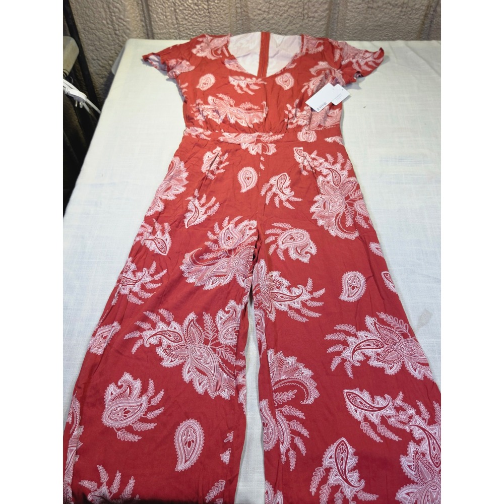 JustFab Rust Red Paisley Print Wide Leg Jumpsuit V-Neck Short Sleeve Large NWT